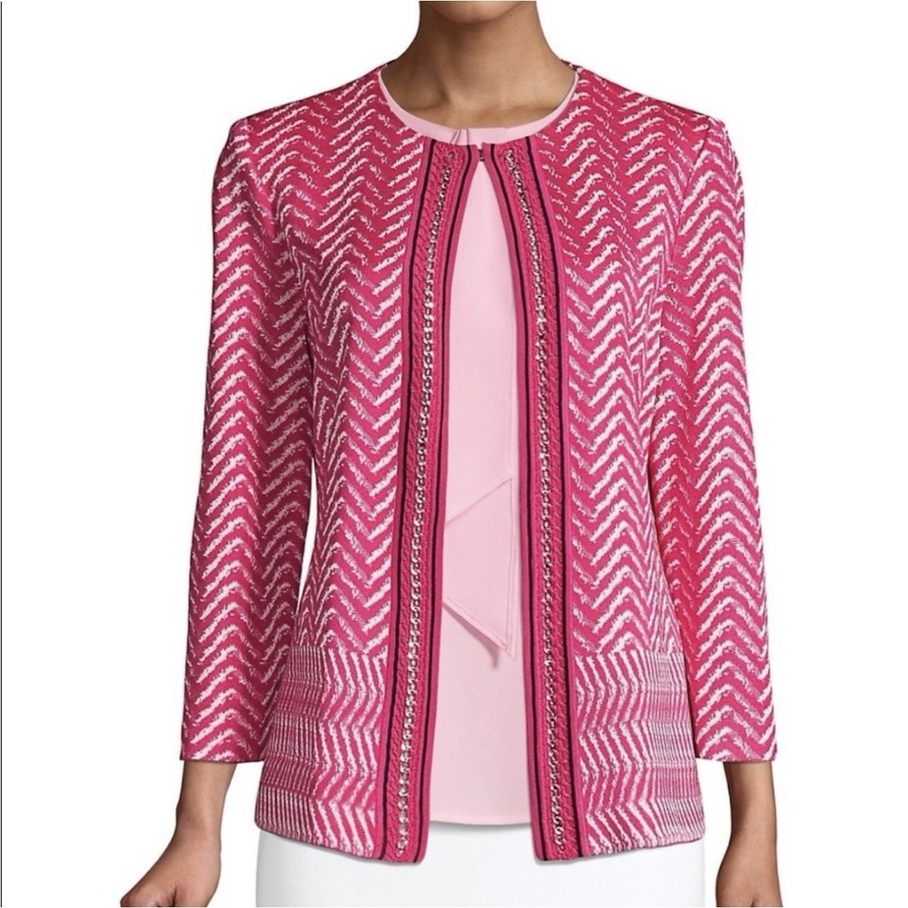 Misook Heritage Pink‎ Chevron Knit Chain Trim Jacket Blazer Cardigan L K4444AC
